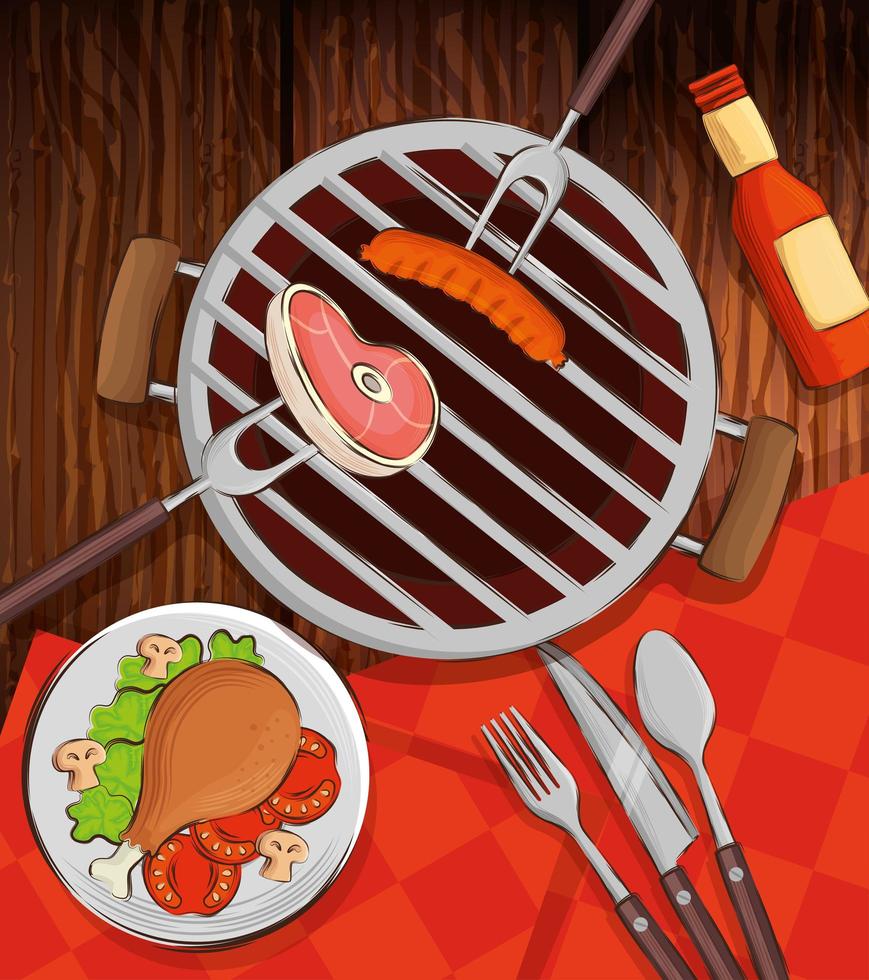 grillmenu met oven en heerlijk eten op houten achtergrond vector