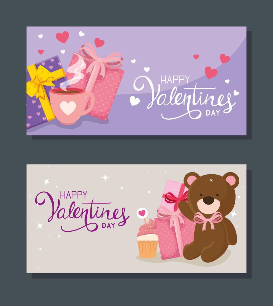 set kaarten van gelukkige valentijnsdag met decoratie vector