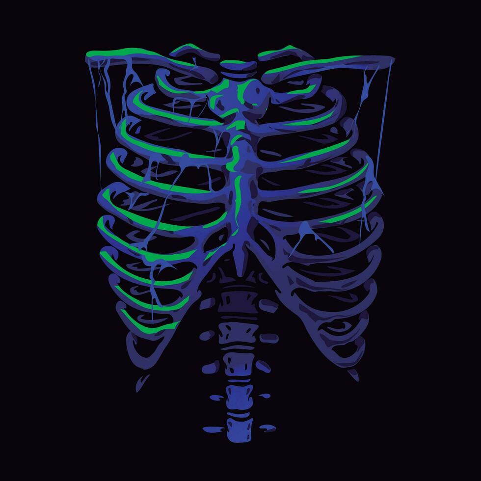 spookachtig ribbenkast groen neon skelet. halloween vector