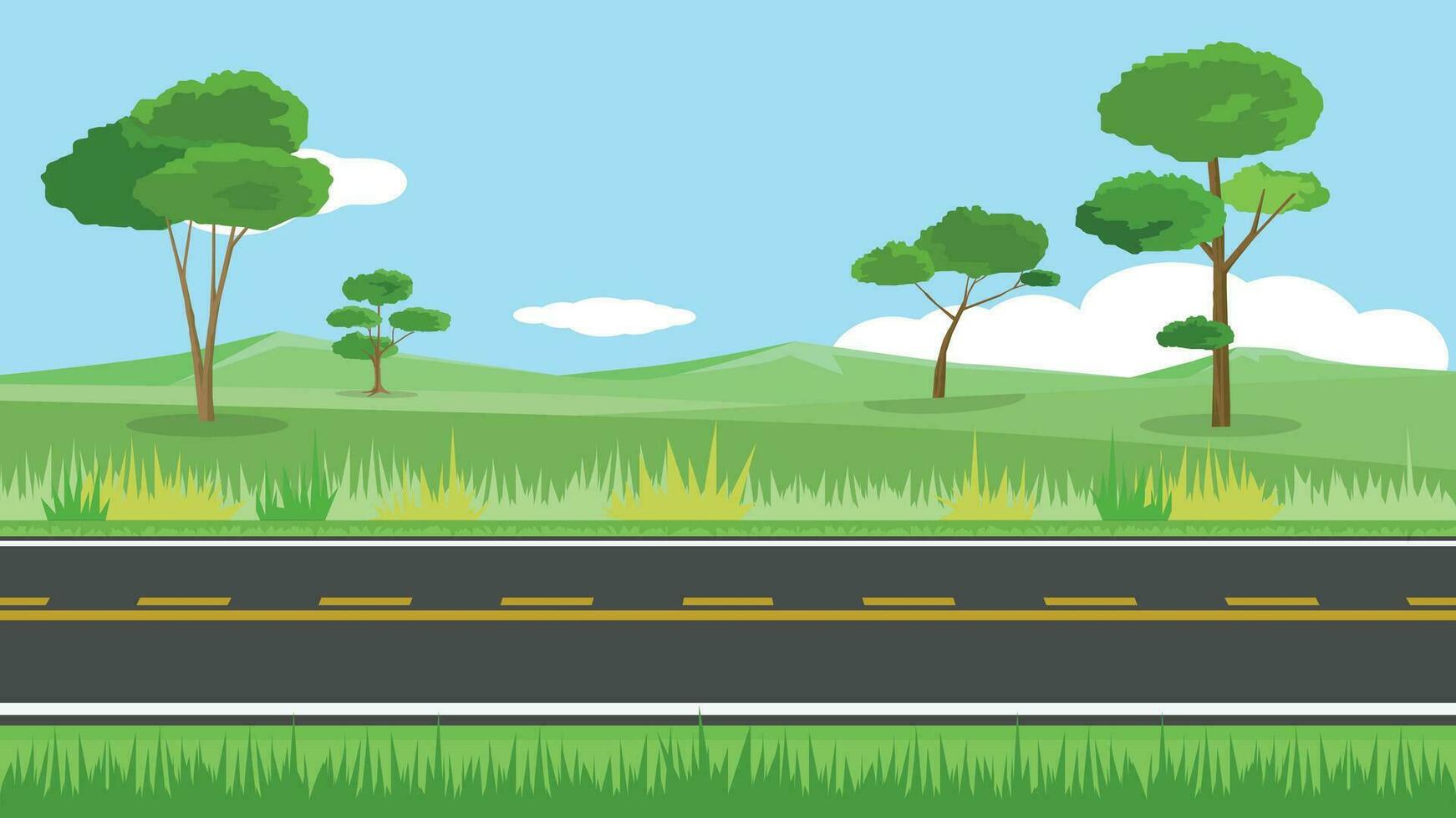 vector of illustrator van horizontaal visie van asfalt weg. achtergrond van bomen en groen gras en berg. onder de blauw lucht.