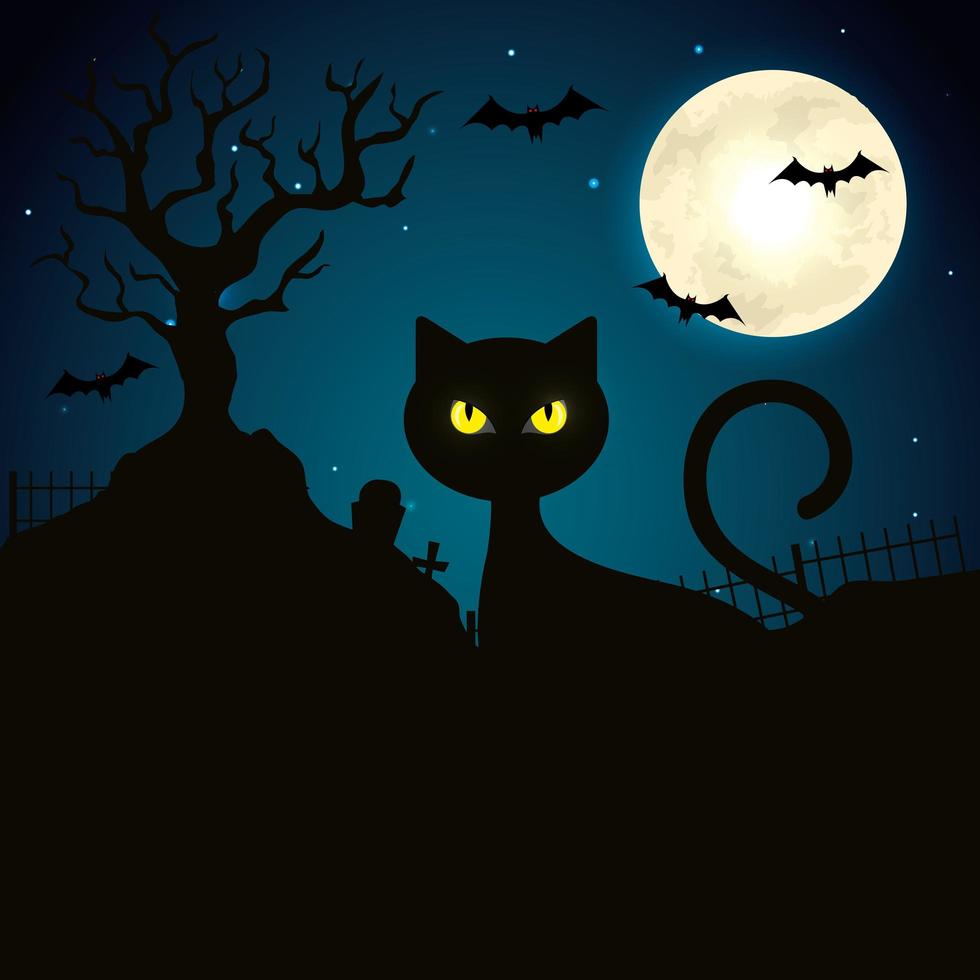 kat in de donkere nacht halloween scene vector