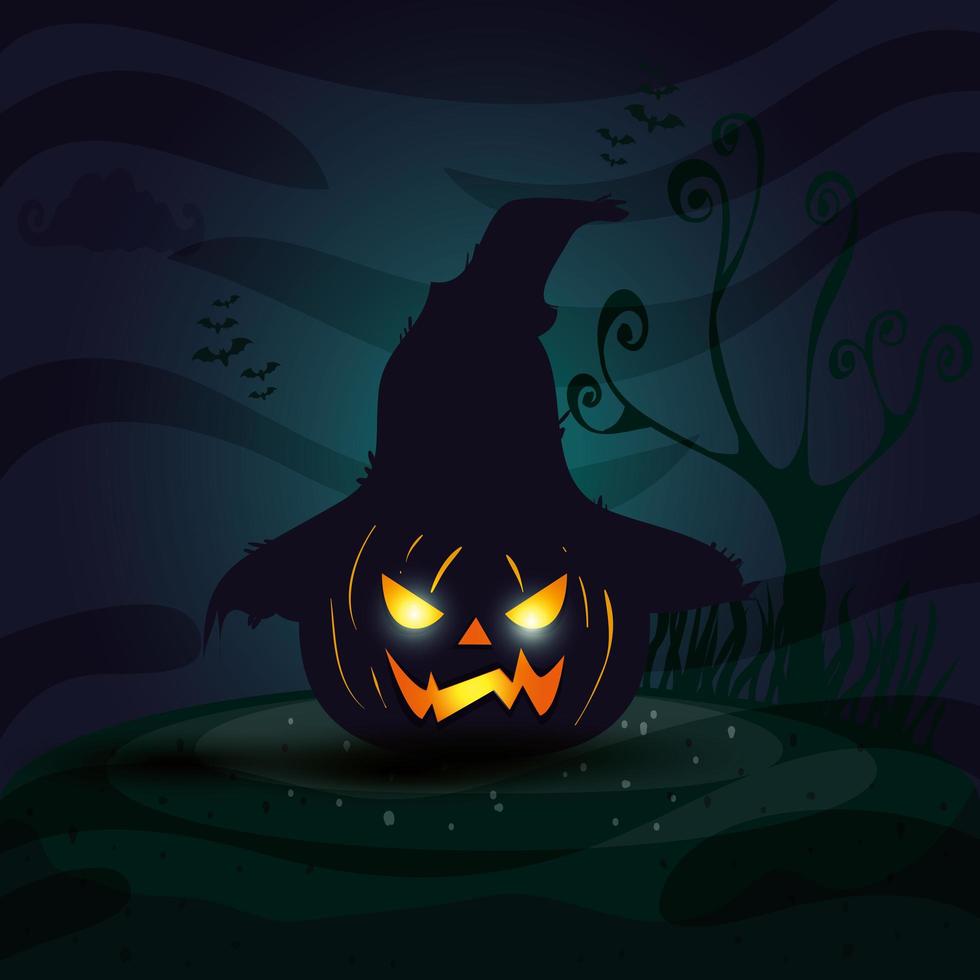 Halloween-pompoen met vogelverschrikkerhoed in donkere nacht vector