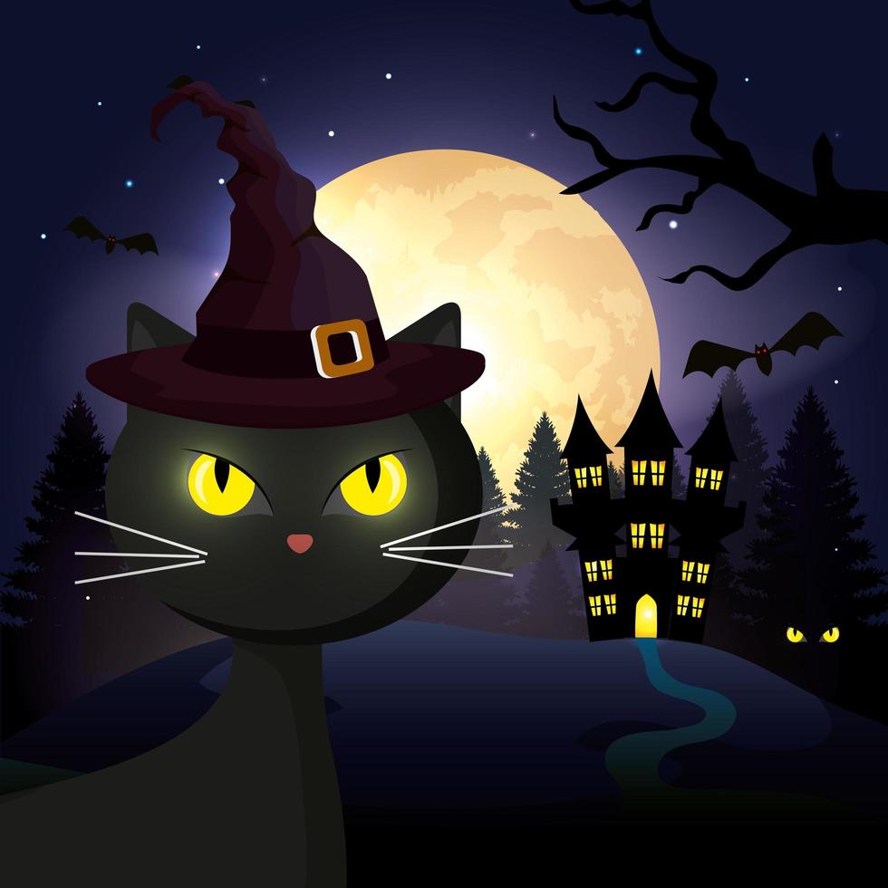 kat met spookkasteel in halloween-scène vector