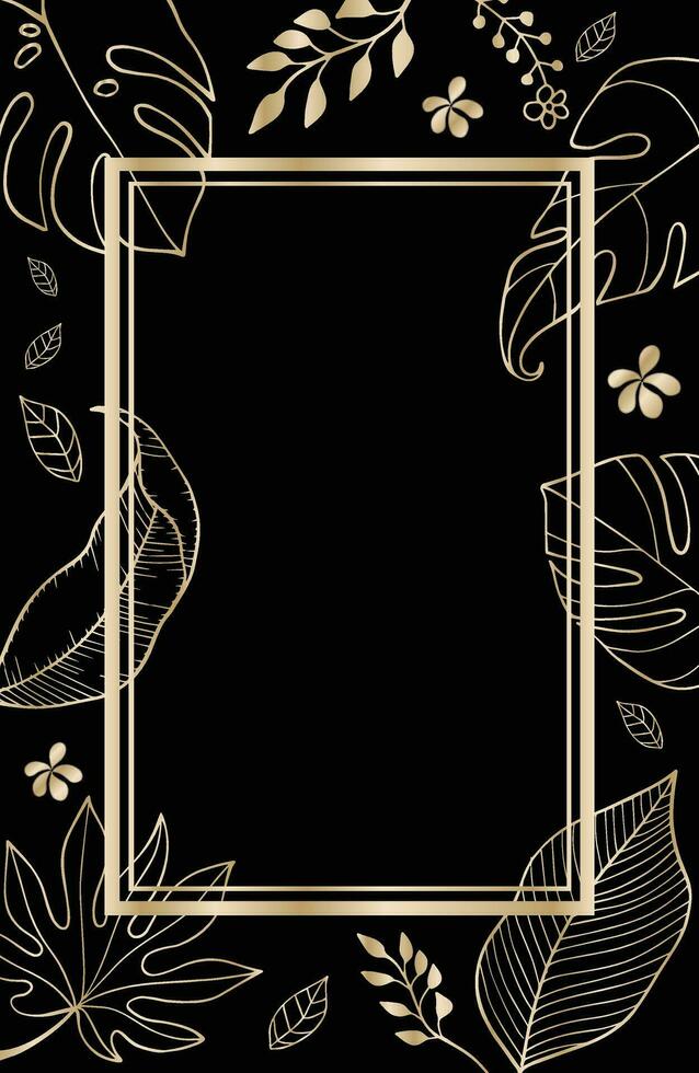 minimalistische blad botanisch hand- getrokken tekening illustratie met gouden kader Aan zwart achtergrond, leeg ruimte kaart bloemen decoratief grens. elegant kaart illustratie grafisch reeks spandoek. vector