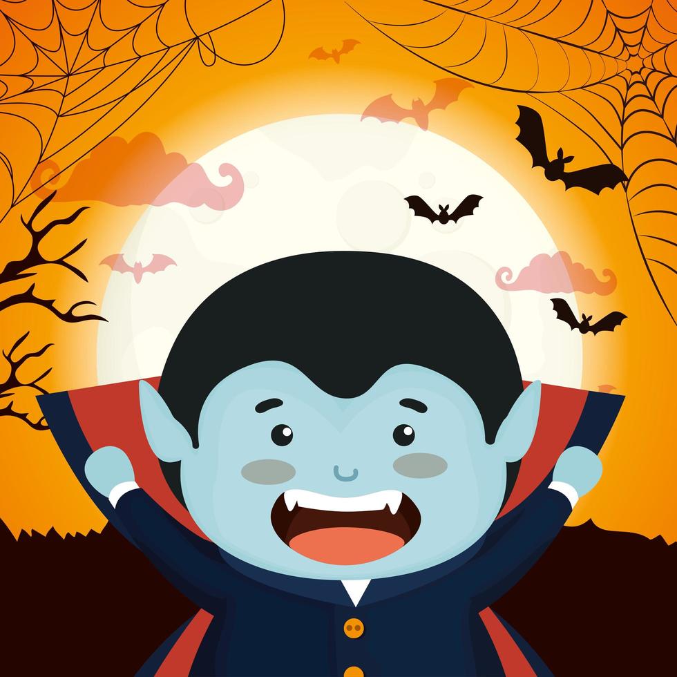 jongen vermomd als dracula in scène halloween vector