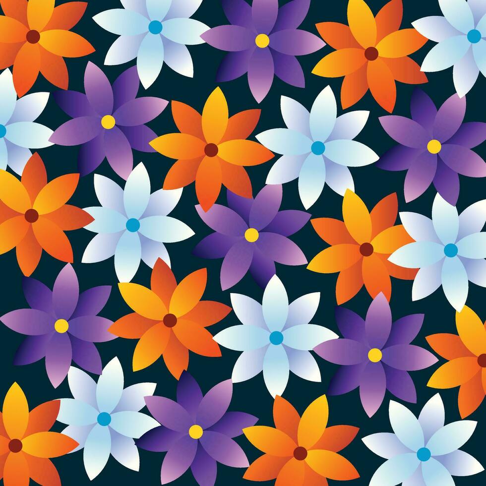 mooi oranje, Purper, en wit gekleurde helling bloem bloemblaadjes vector illustratie patroon achtergrond geïsoleerd Aan donker plein behang. gemakkelijk natuurlijk ontwerp concept voor groet kaarten of afdrukken.