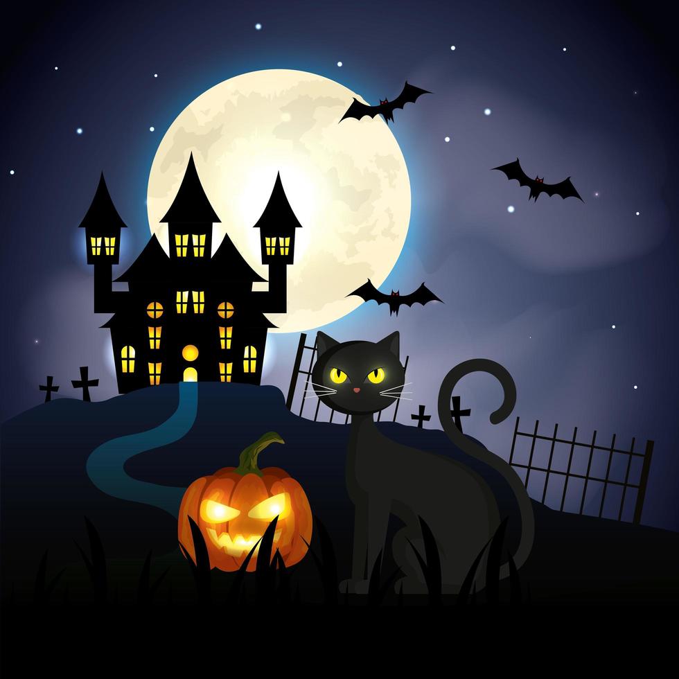 kat met pompoen en spookkasteel in Halloween-scène vector