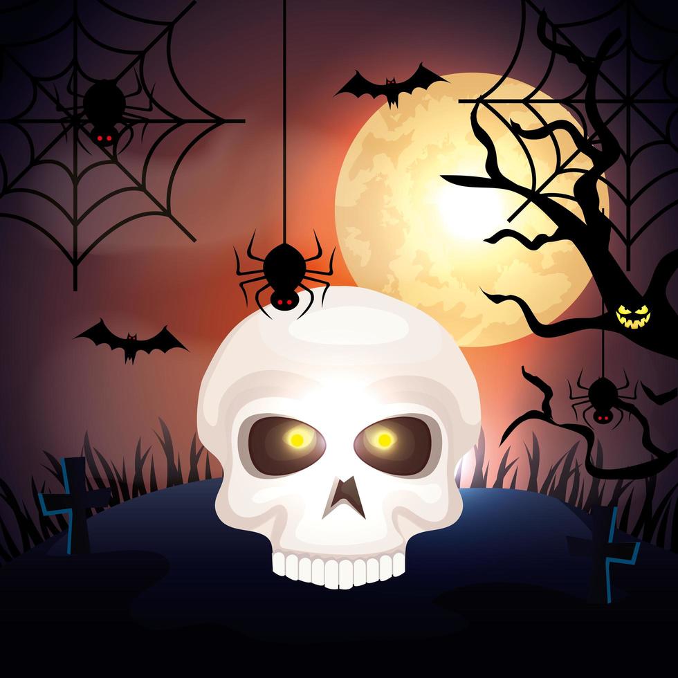 schedel in de donkere nacht en iconen van halloween vector