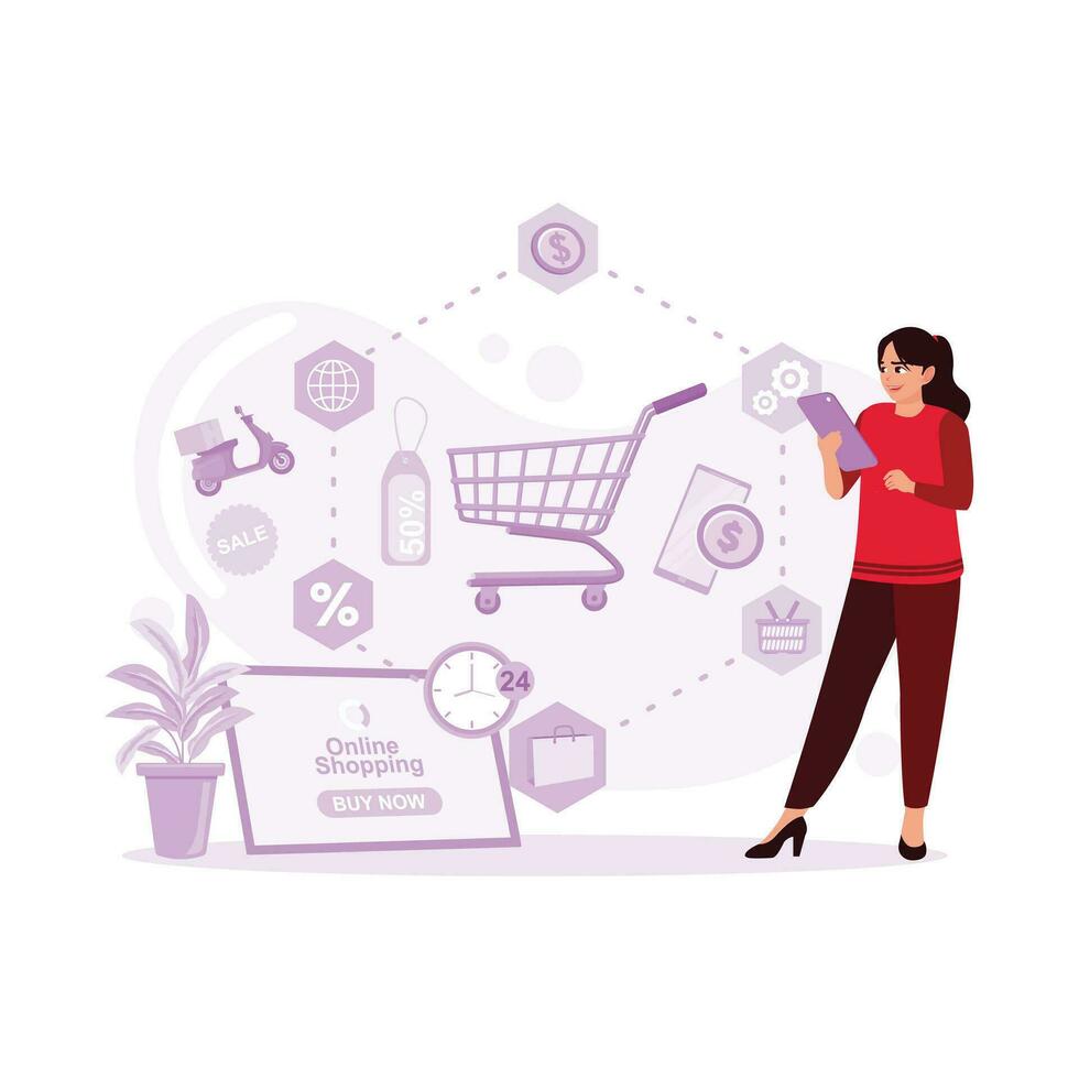 een vrouw toepassingen een smartphone met een online boodschappen doen icoon Aan de scherm. digitaal boodschappen doen concept. neiging modern vector vlak illustratie