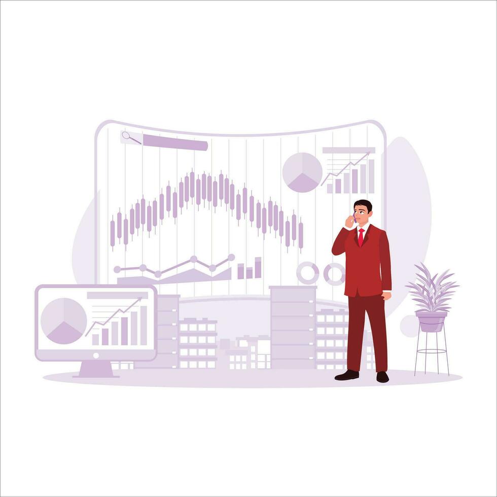 de financieel manager analyses de voorraad markt voor de het beste investering strategie, financieel gegevens tabel net zo achtergrond, en voorraad markt concept. neiging modern vector vlak illustratie