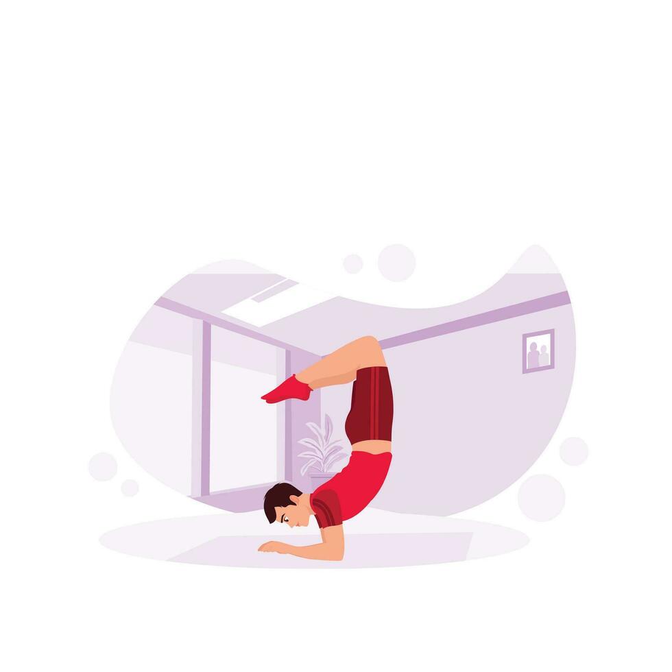 schorpioen yoga houding. ervaren Mens aan het doen schorpioen yoga poses in de Sportschool. geschiktheid opleiding. neiging modern vector vlak illustratie