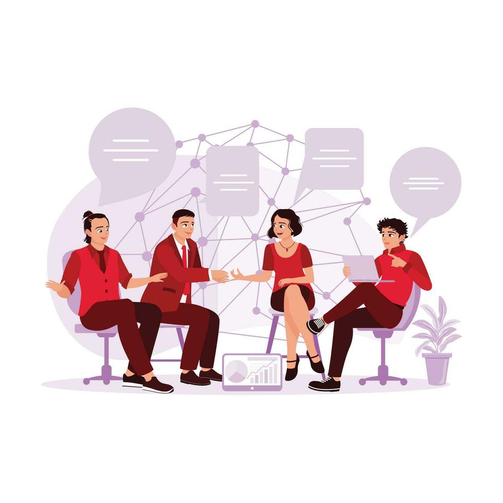 managers en medewerkers hebben vergaderingen en discussies in de kantoor. discussie concept. neiging modern vector vlak illustratie