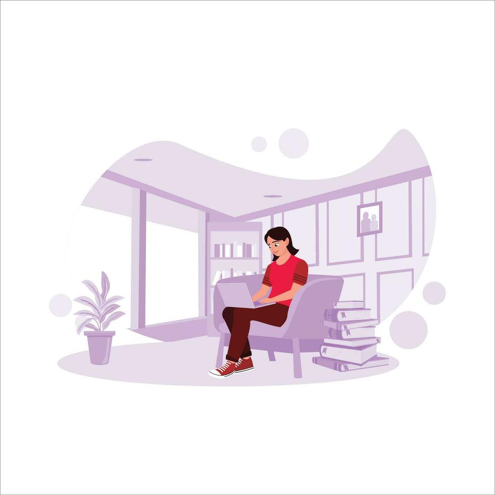 jong, gelukkig vrouw zittend ontspannen Aan de bankstel Holding een laptop, aan het doen afgelegen werk in een comfortabel huis kantoor. freelance produktiviteit concept. neiging modern vector vlak illustratie