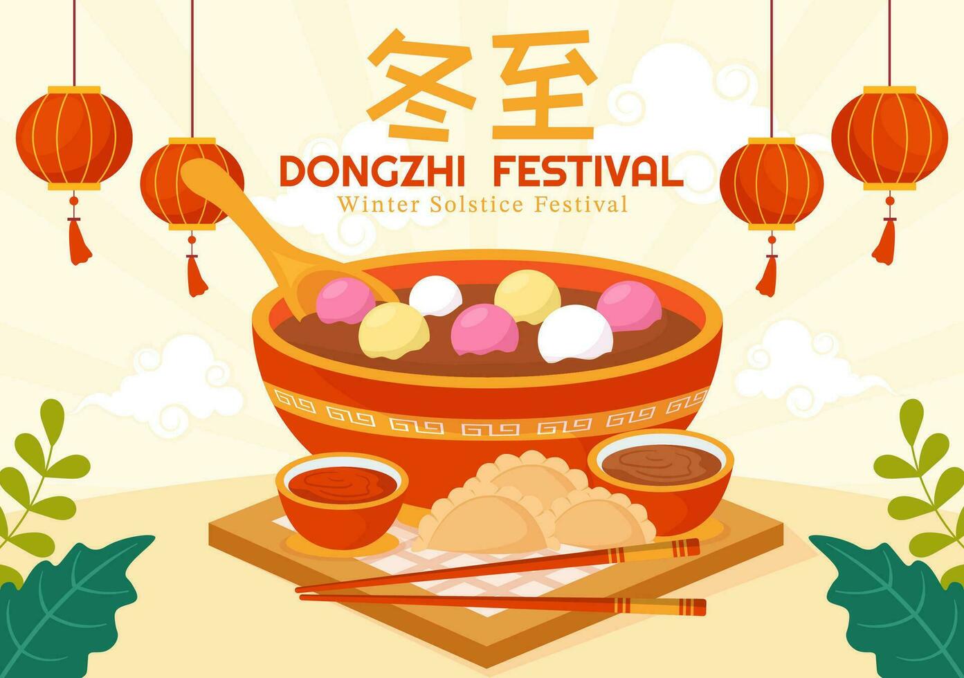 dongzhi of winter zonnestilstand festival vector illustratie Aan december 22 met Chinese voedsel Tangyuan en jiaozi in vlak tekenfilm achtergrond ontwerp