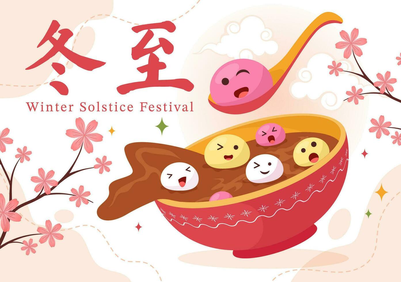 dongzhi of winter zonnestilstand festival vector illustratie Aan december 22 met Chinese voedsel Tangyuan en jiaozi in vlak tekenfilm achtergrond ontwerp