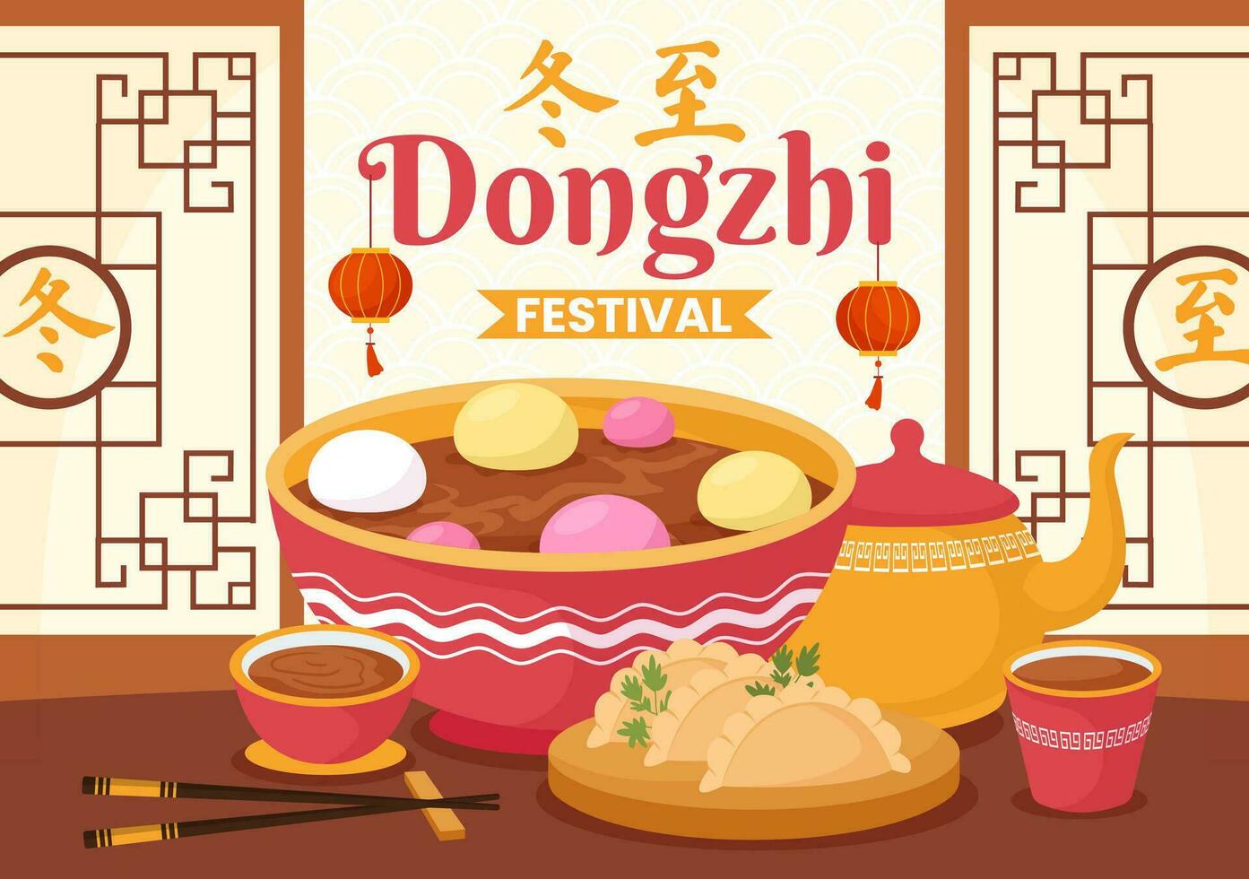 dongzhi of winter zonnestilstand festival vector illustratie Aan december 22 met Chinese voedsel Tangyuan en jiaozi in vlak tekenfilm achtergrond ontwerp