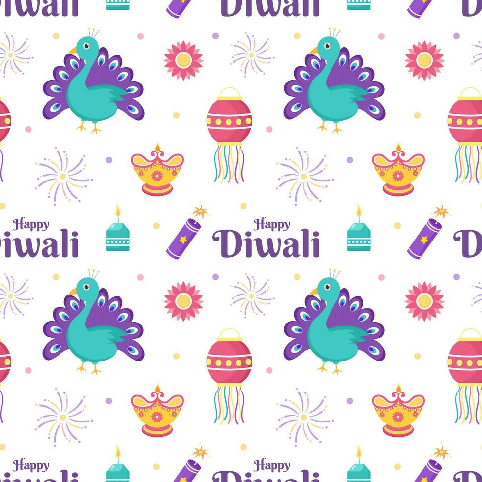 gelukkig diwali naadloos patroon illustratie ontwerp met licht festival van Indië ornament in tekenfilm hand- getrokken sjabloon vector