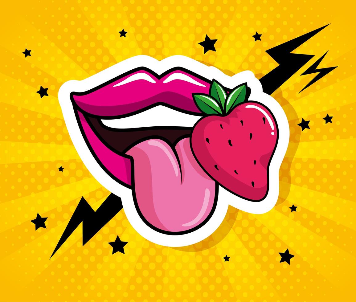 lippen met aardbei-pop-art-stijl vector