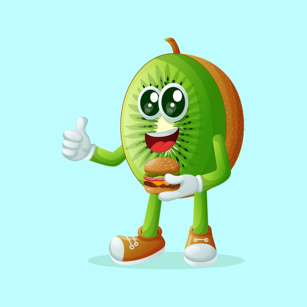 kiwi karakter Holding een hamburger en glimlachen vector