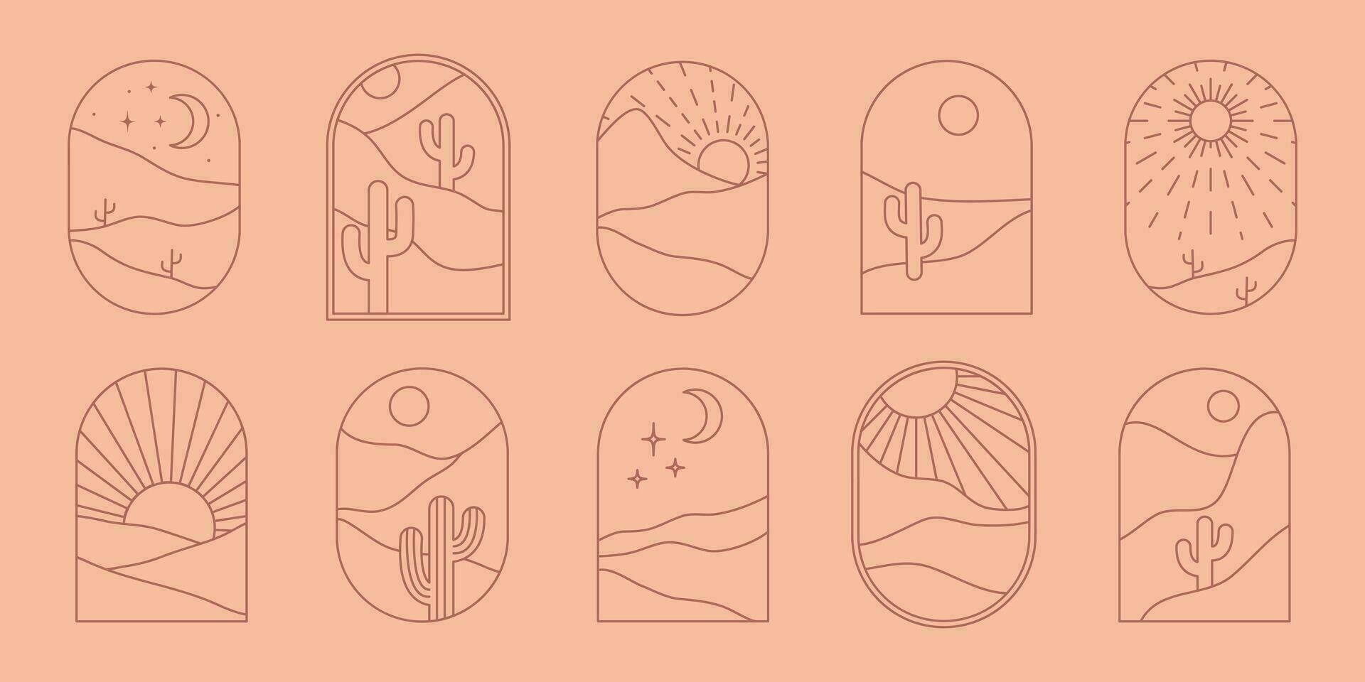 boho logo landschap met woestijn. cactus, zanderig bergen, zon en maan. abstract ontwerp Sjablonen. vector Boheems groot reeks in modieus voering stijl