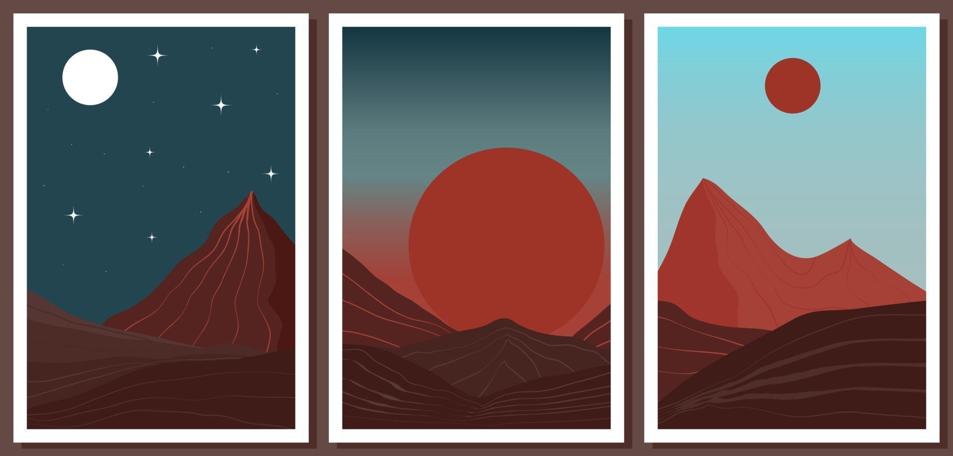 een set van abstracte, minimalistische landschappen - nacht, zonsopgang en dag. vector