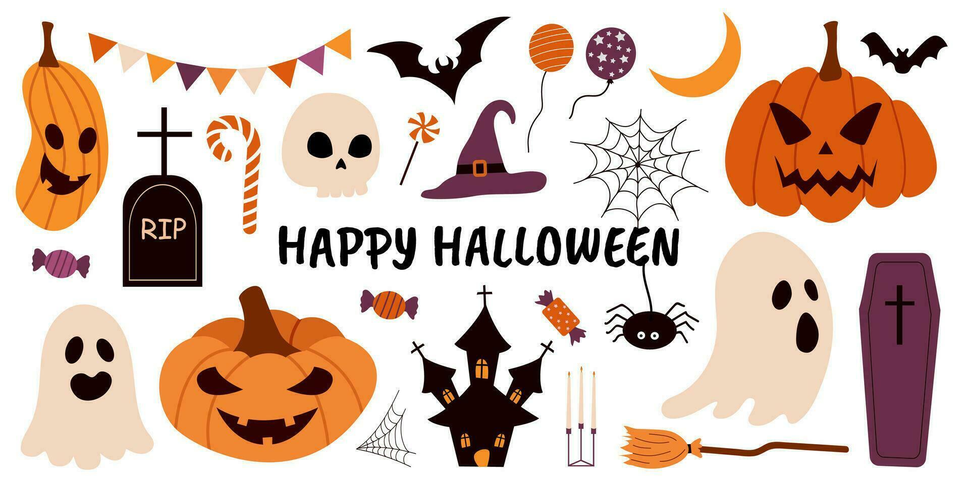 gelukkig halloween. halloween vector elementen pompoenen, geesten, kasteel, graf, kist, bezem, snoep. perfect voor scrapbooken, groet kaart, partij uitnodiging, poster, label. hand- getrokken stijl.