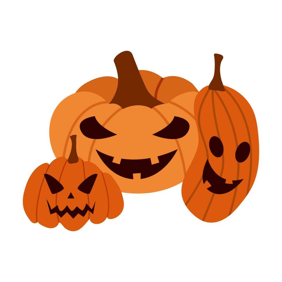 vector reeks van halloween pompoenen. pompoenen met emoties. hand- getrokken stijl. herfst populair groente. wit geïsoleerd achtergrond.