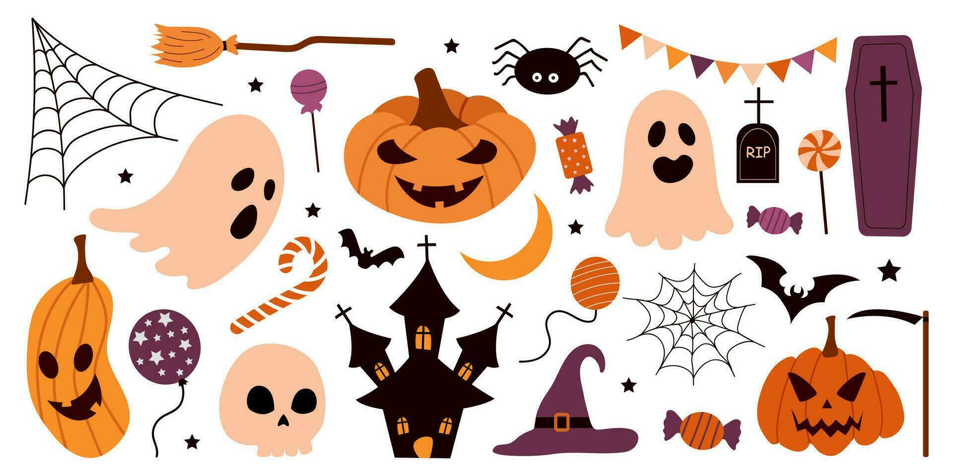 groot vector reeks van halloween elementen pompoenen, geesten, kasteel, graf, kist, bezem, snoep. perfect voor scrapbooken, groet kaart, partij uitnodiging, poster, label, sticker. hand- getrokken stijl.