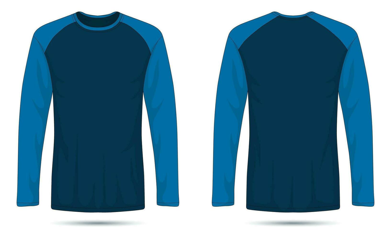 blauw raglan mouw t-shirt mockup voorkant en terug visie vector