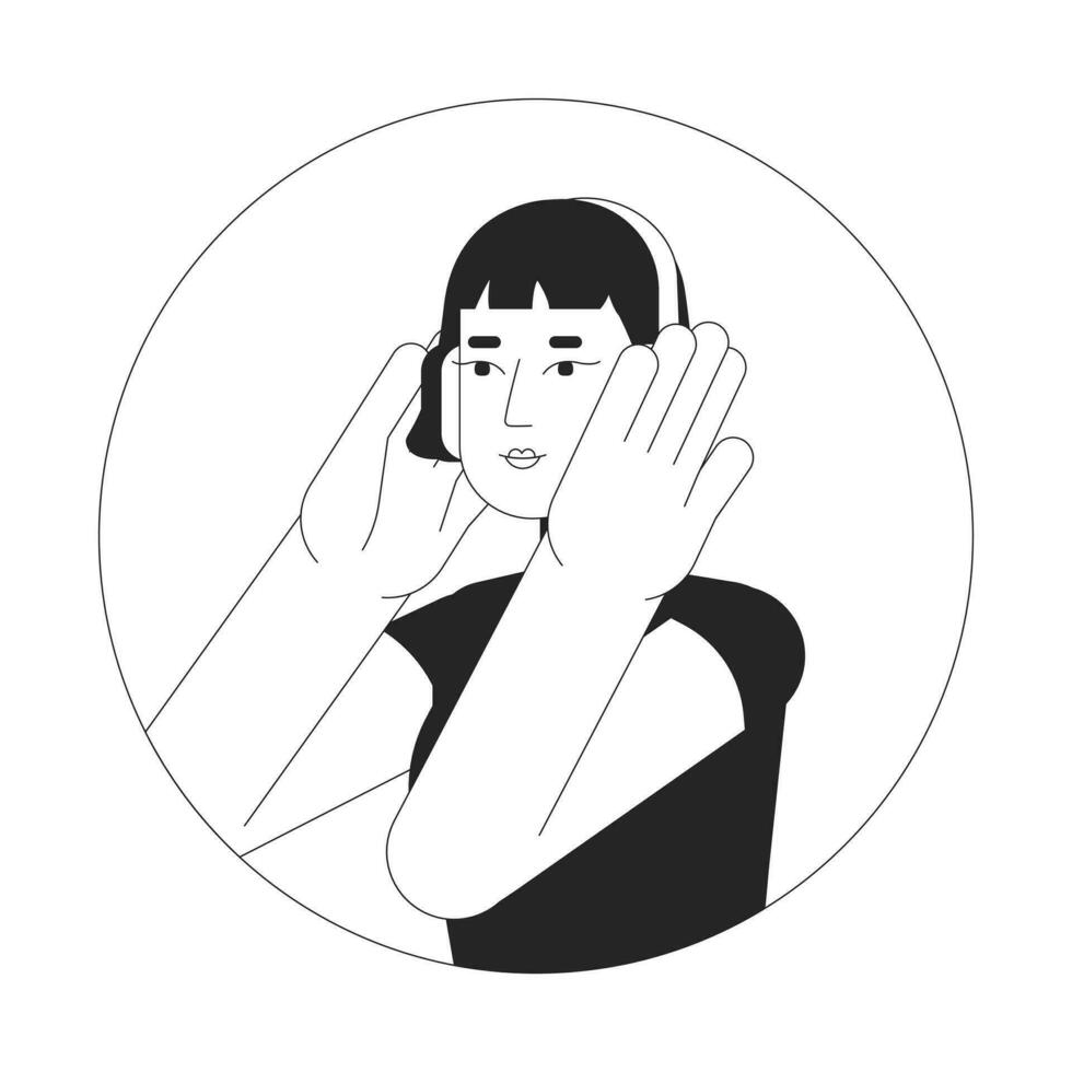 Aziatisch tiener meisje hoofdtelefoons zwart en wit 2d vector avatar illustratie. modern Koreaans vrouw luisteren naar muziek- schets tekenfilm karakter gezicht geïsoleerd. podcast luisteraar vlak gebruiker profiel beeld
