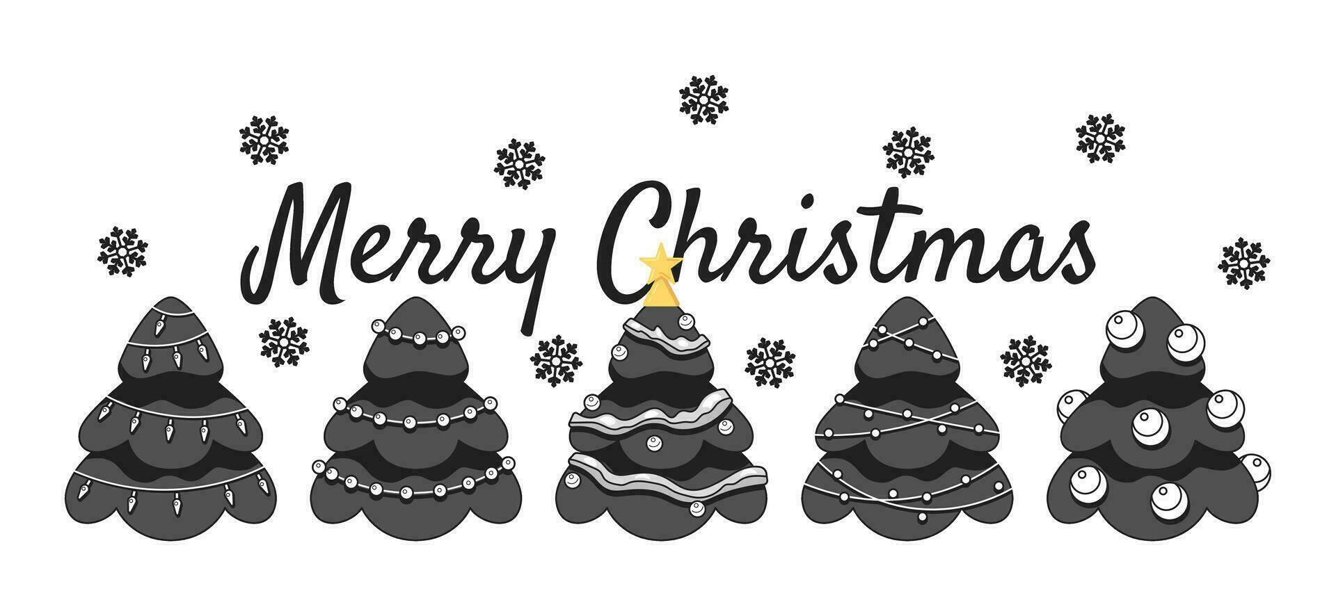 Gefeliciteerd vrolijk Kerstmis monochroom groet kaart vector. sneeuwvlokken Kerstmis bomen zwart en wit illustratie wenskaart. winter 2d schets tekenfilm e-card, speciaal gelegenheid ansichtkaart beeld vector