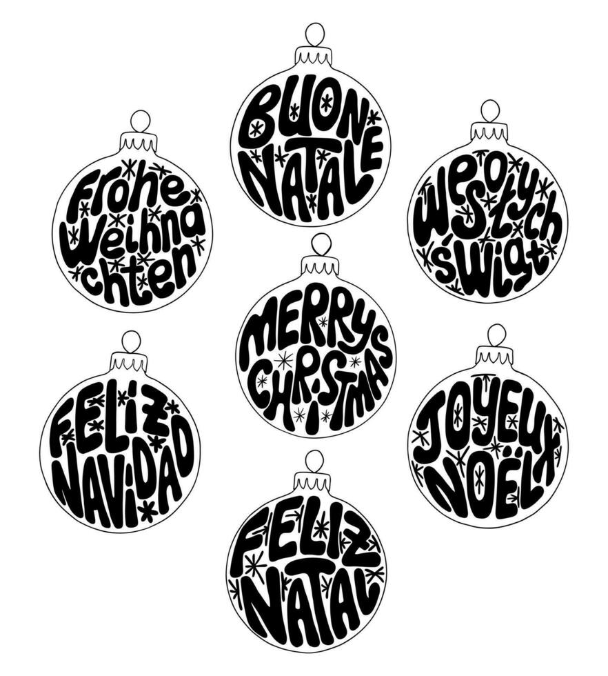 schets verschillend talen psychedelisch Kerstmis belettering. hand- getrokken leuze vrolijk Kerstmis in Frans, duitsland, Spaans, Italiaans, Pools, Portugees. typografisch vlak geïsoleerd afdrukken ontwerp vector