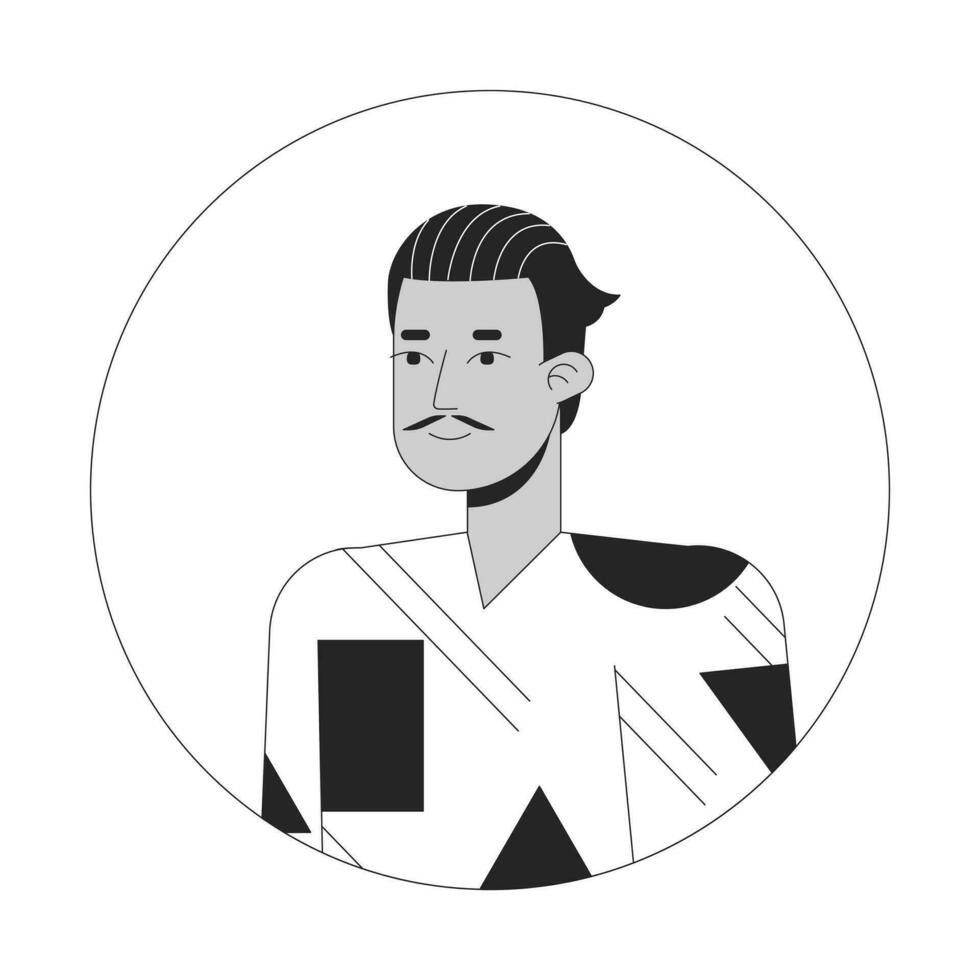 spaans volwassen Mens met potlood snor zwart en wit 2d vector avatar illustratie. poseren latino vent in jaren 70 geïnspireerd kleren schets tekenfilm karakter gezicht geïsoleerd. vlak gebruiker profiel beeld