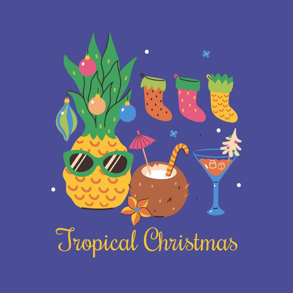 tropisch Kerstmis kaart met versierd ananas in bril. vector grafiek.