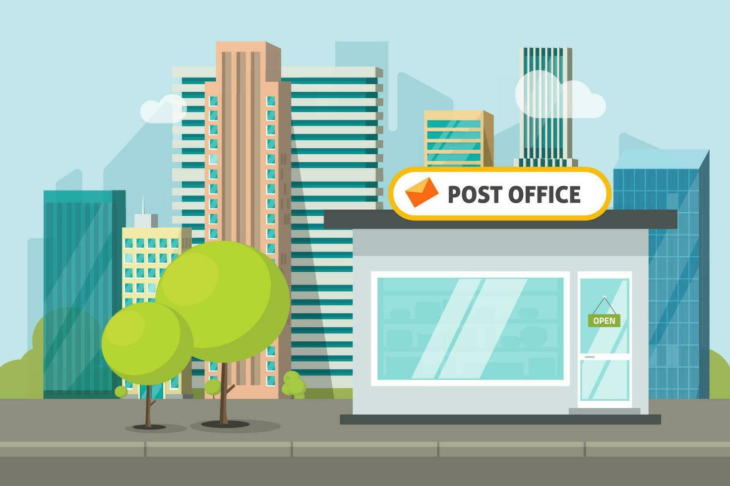 post kantoor Aan stad straat vector illustratie, vlak tekenfilm Postkantoor opslagruimte gebouw, stedelijk tafereel beeld