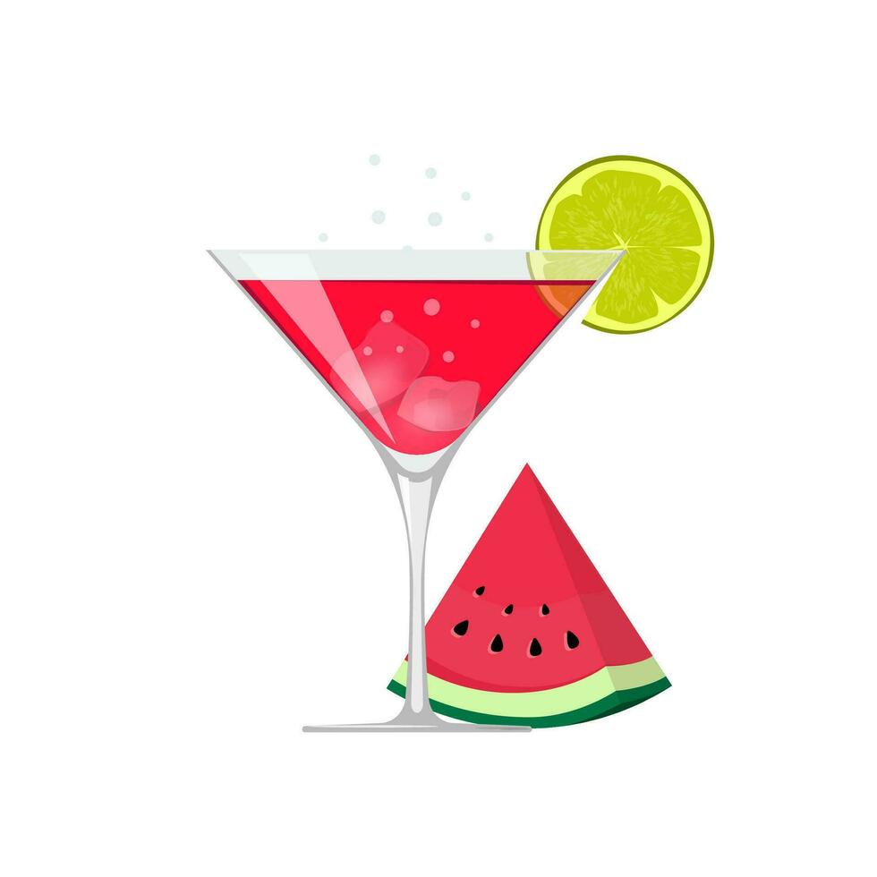 cocktail drinken glas vector illustratie met ijs en watermeloen plak geïsoleerd Aan wit vlak tekenfilm ontwerp, fruit rood gemengd drank icoon clip art