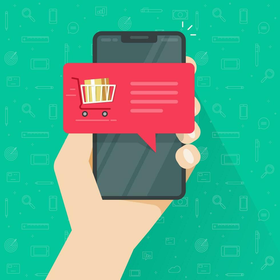 mobiel telefoon kennisgeving vector illustratie, vlak tekenfilm mobiele telefoon met ecommerce boodschappen doen kar bericht bubbel, smartphone elektronisch Duwen kennisgeving of internet winkel bestellen bijhouden app beeld