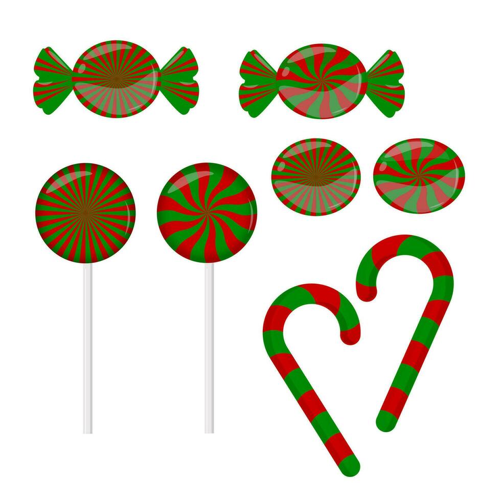 rood en groen gestreept snoep set. snoep riet, lolly, snoepjes in wikkel. ontwerp element voor kerstmis, nieuw jaar, verjaardag, feest. vector illustratie.