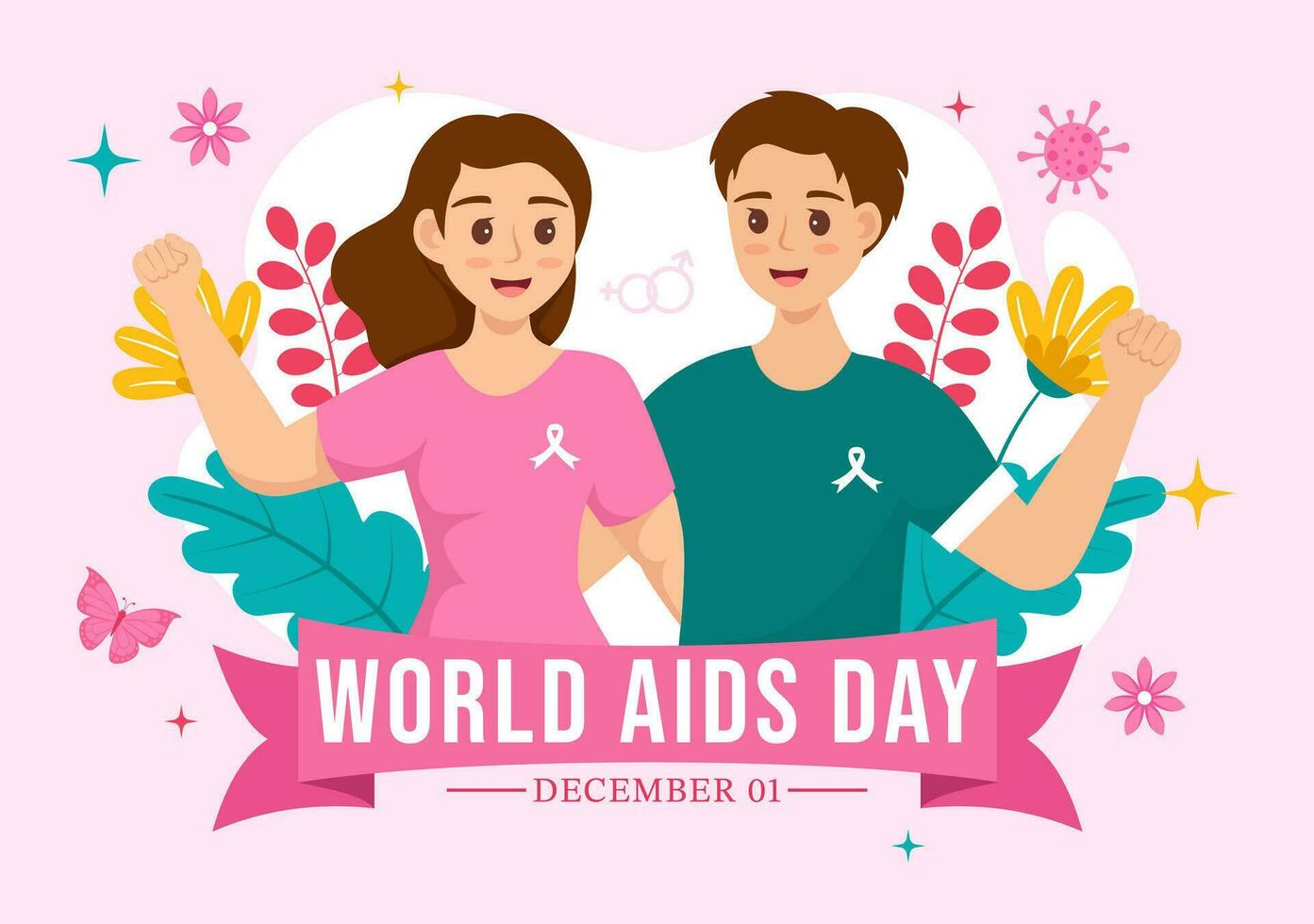 wereld AIDS dag vector illustratie Aan 1 december met rood lint naar verhogen bewustzijn van de AIDS epidemie in vlak tekenfilm roze achtergrond ontwerp