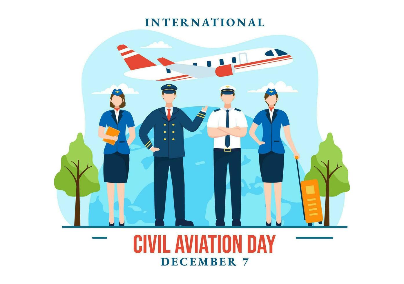 Internationale civiel luchtvaart dag vector illustratie Aan 7 december met vlak en lucht blauw visie voor waarderen in vlak tekenfilm achtergrond ontwerp