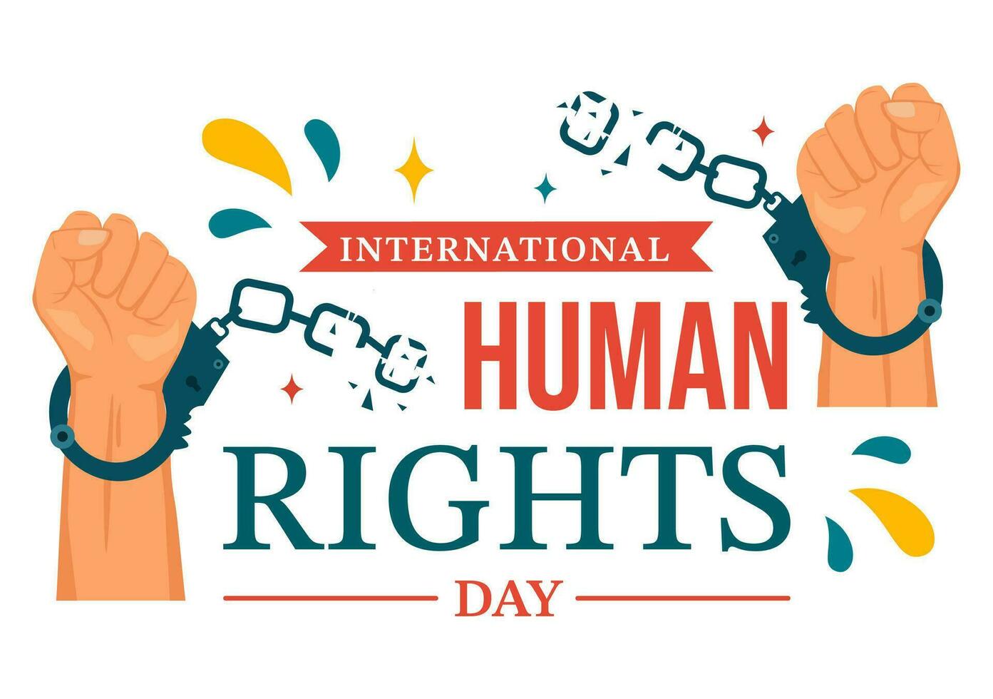 Internationale menselijk rechten dag vector illustratie Aan 10 december met hand- breekt de keten voor verschillend races mensen Verenigde voor vrijheid en vrede