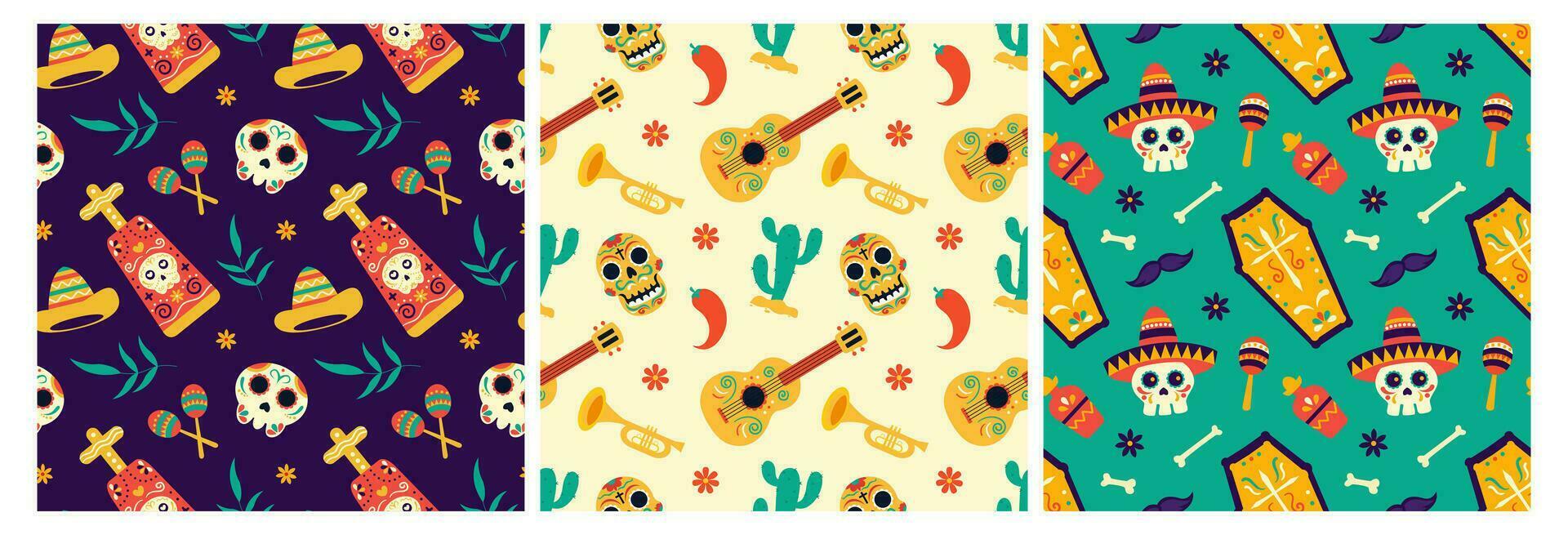 reeks van dia de Muertos naadloos patroon illustratie met dag van de dood en skelet element in Mexicaans ontwerp vector