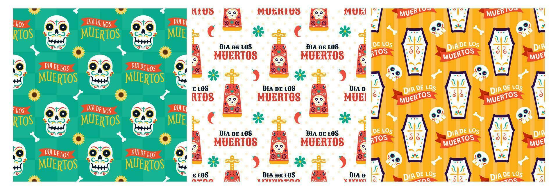 reeks van dia de Muertos naadloos patroon illustratie met dag van de dood en skelet element in Mexicaans ontwerp vector