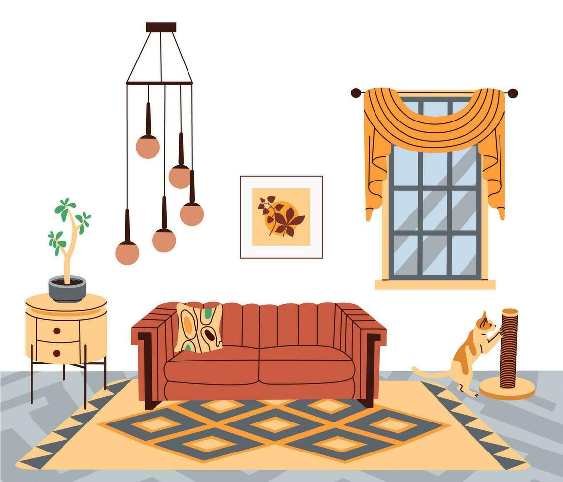 elegant leven kamer interieur met modieus meubilair. vlak vector illustratie.