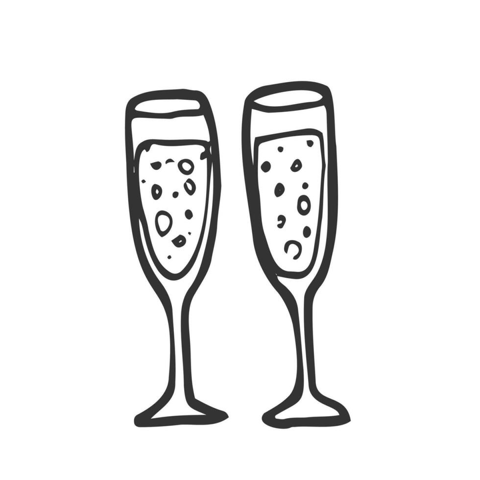 een paar handgetekende champagneglazen voor verjaardag, nieuwjaar, kerstmis, bruiloft, verloving. doodle, vectorillustratie geïsoleerd op een witte achtergrond. ansichtkaart, verpakking, pictogram, feestuitnodiging vector