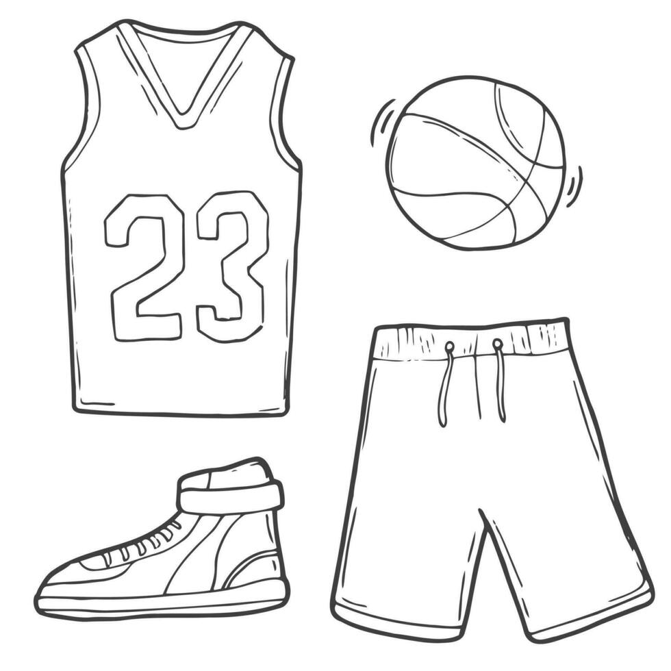 tekening basketbal uniform. basketbal shirt, shorts en sport schoenen. basketbal bal in vector