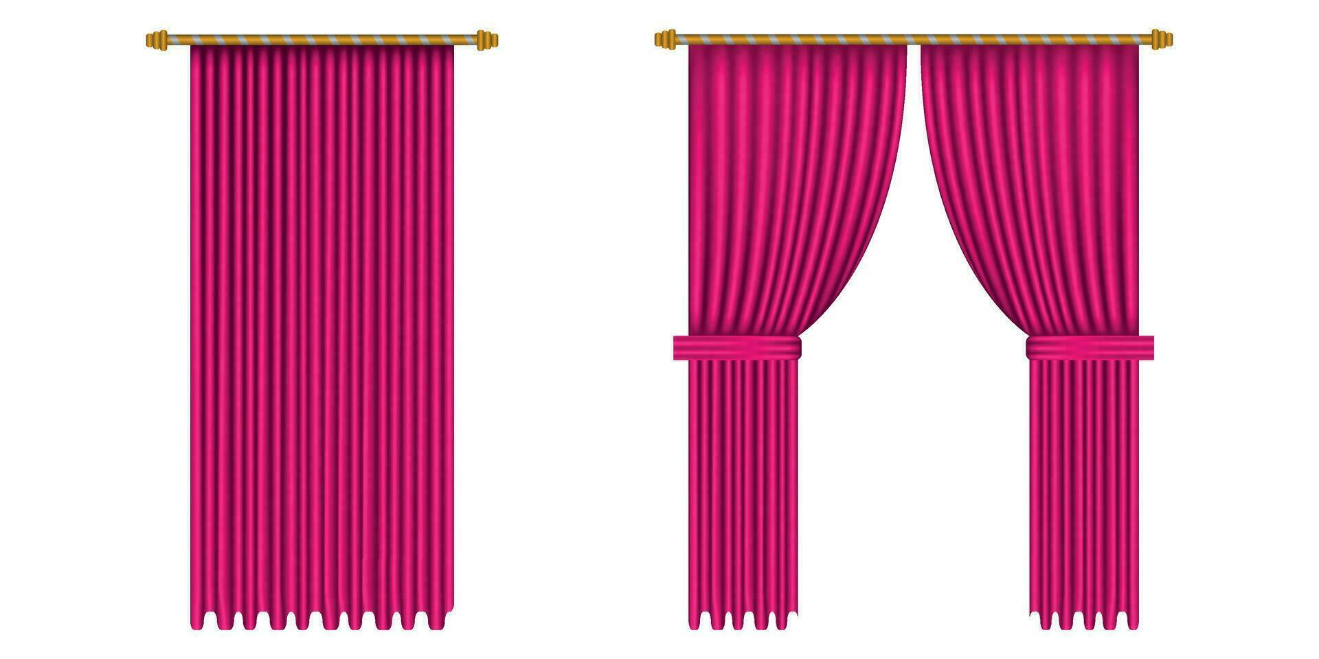roze gordijnen. realistisch luxe Open gordijn decoratie. kleding stof interieur voor circus, theater, tafereel en club. vector illustratie geïsoleerd Aan wit achtergrond