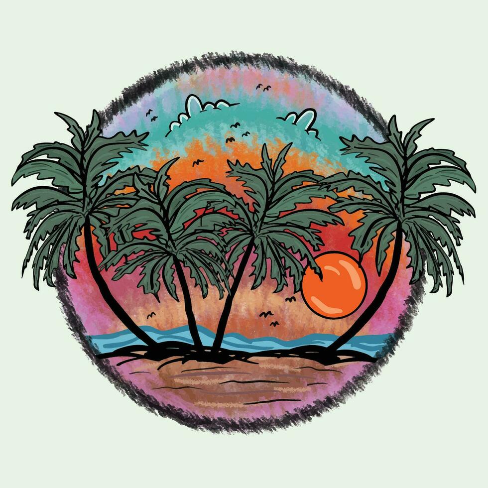 zonsondergang strand, zomer strand zonneschijn kunstwerk. wijnoogst retro stijl strand zomer paradijs. vector palm boom, zonsondergang, zonsopkomst, surfplank, vector grafisch ontwerp.