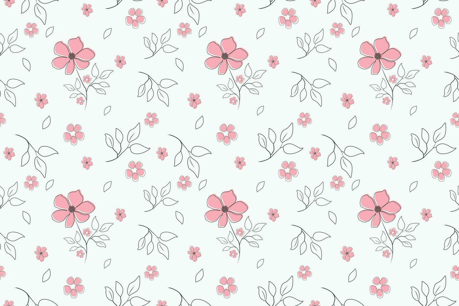 elegant bloem bladeren lijn en roze bloemen naadloos patroon Aan een wit achtergrond. takken van bloemen verspreiding uit willekeurig. ontwerp voor geschenk omhulsel papier, Product pakket achtergrond, en kleding stof. vector