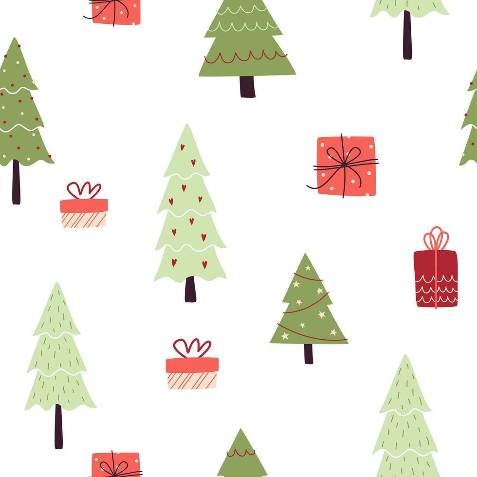 Kerstmis vector patroon met schattig Kerstmis bomen en cadeaus Aan een wit achtergrond.